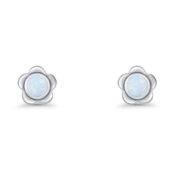 Flower 7.5mm Round Lab Created White Opal Floral Stud Earring Oxidized 925 Sterling Silver Wholesale